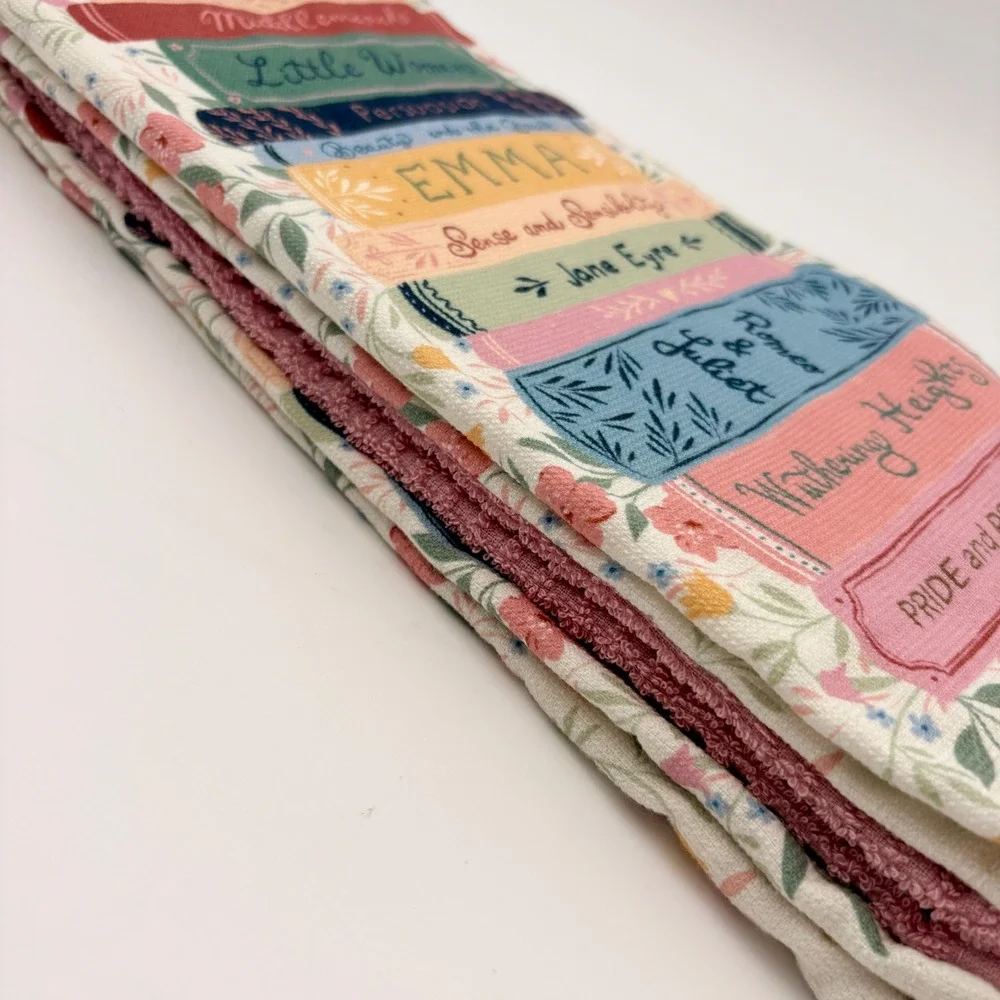 Truly Lou Literary Classics Book Stack Kitchen Towels Set of 3 Pink Bibliophile